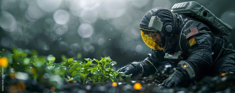 Astronaut Farmer Tending to Plants in Futuristic Space Suit on Alien Planet with Bokeh Background Astronaut Farmer Tending to Plants in Futuristic Space Suit on Alien Planet with Bokeh Background