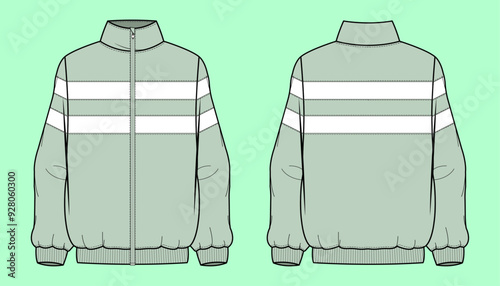 Varsity College League Ladies oversized zip-through winter terry fleece funnel neck urban sweatshirt flat sketch outline vector fashion illustration template.