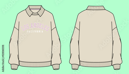 Varsity college graphic Los Angeles California Ladies oversized drop shoulder winter terry fleece ecru colour urban style collar sweatshirt flat sketch outline vector fashion illustration template.