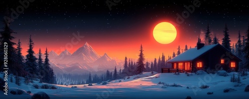 Snow-covered mountain lodge, peaceful winter retreat, flat design illustration