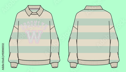  Varsity college graphic Brooklyn Ladies oversized drop shoulder winter terry fleece stripe collar urban sweatshirt flat sketch outline vector fashion illustration template. 