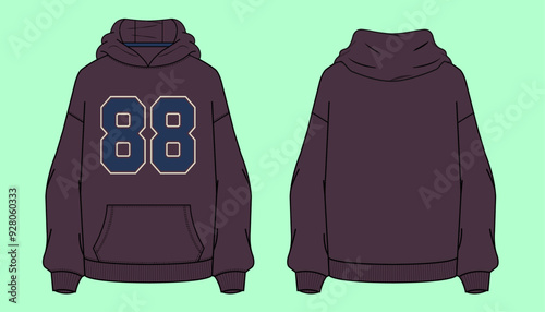 Varsity college 88 number Ladies oversized drop shoulder winter terry fleece urban hoodie flat sketch outline vector fashion illustration template. 
