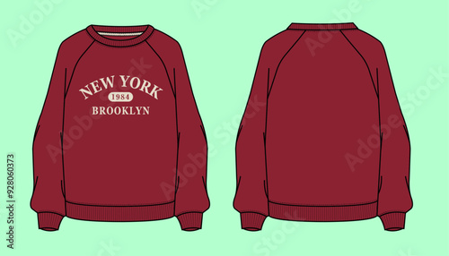 Varsity college league graphic New York Brooklyn 1984 Ladies oversized raglan sleeve red colour winter terry fleece urban sweatshirt flat sketch outline vector fashion illustration template. 