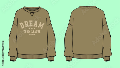 Varsity college league graphic Dream Team league Ladies oversized drop shoulder brown colour winter terry fleece urban sweatshirt flat sketch outline vector fashion illustration template.