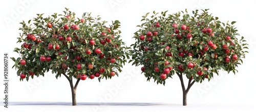 Two Lush Apple Trees with Red Apples on White Background