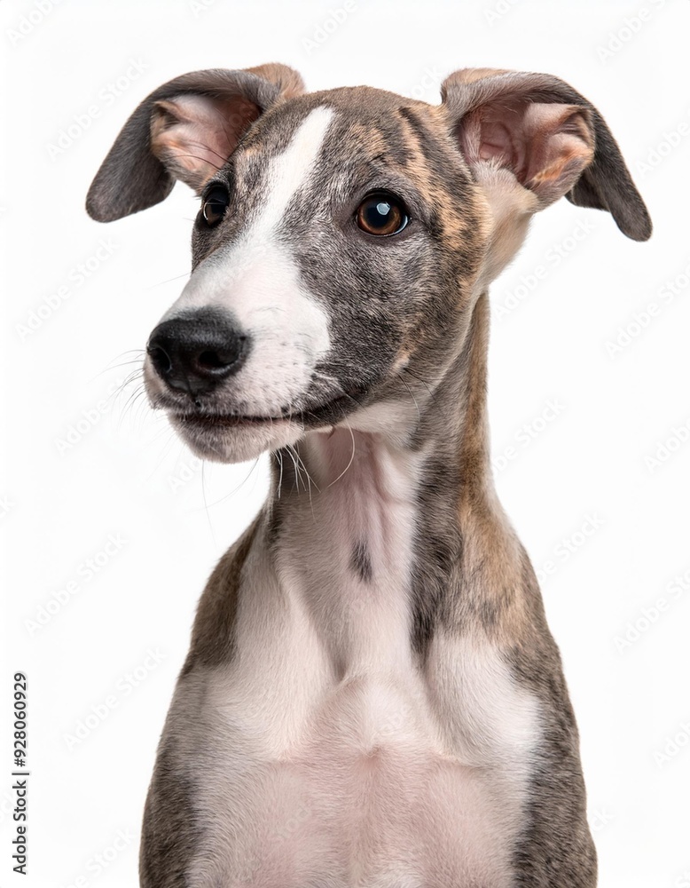 笑顔のウィペットの子犬のポートレート(Portrait of a smiling Whippet puppy on white background)
笑顔のウィペットの子犬のポートレート(Portrait of a smiling Whippet puppy on white background)