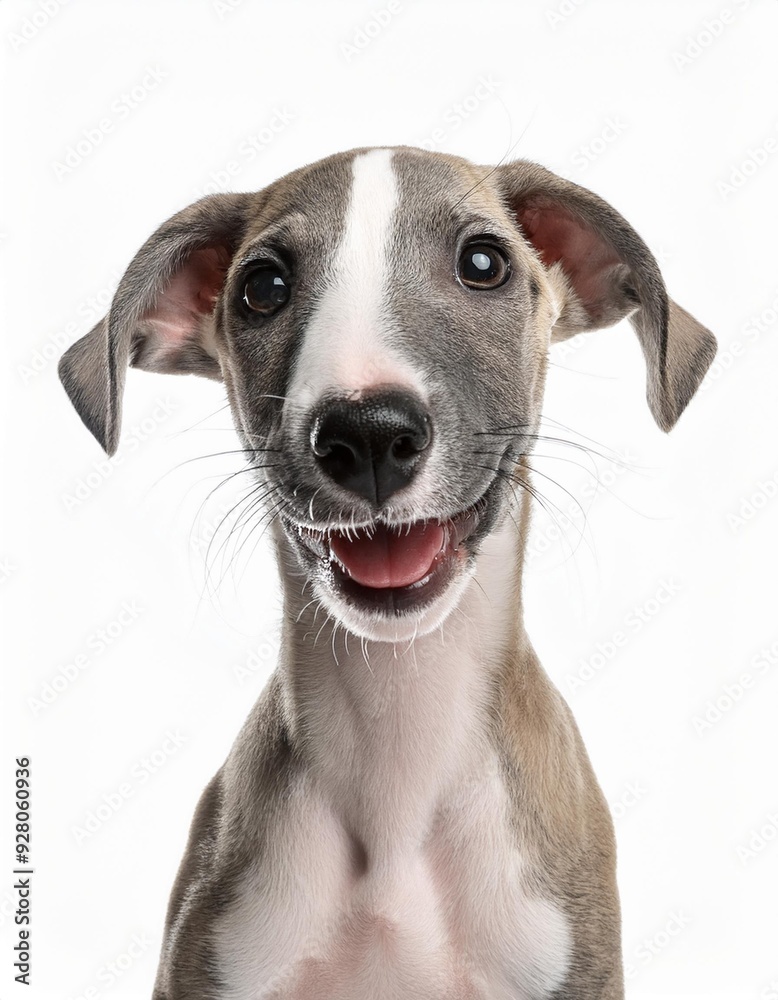 笑顔のウィペットの子犬のポートレート(Portrait of a smiling Whippet puppy on white background)
笑顔のウィペットの子犬のポートレート(Portrait of a smiling Whippet puppy on white background)