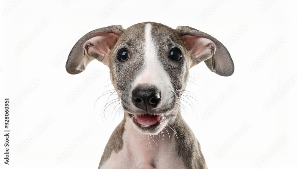 笑顔のウィペットの子犬のポートレート(Portrait of a smiling Whippet puppy on white background)
笑顔のウィペットの子犬のポートレート(Portrait of a smiling Whippet puppy on white background)