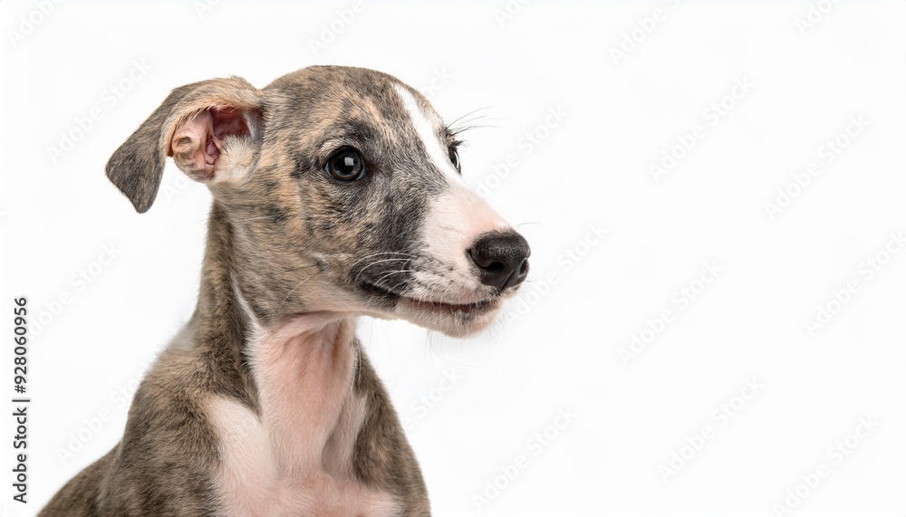 笑顔のウィペットの子犬のポートレート(Portrait of a smiling Whippet puppy on white background)
笑顔のウィペットの子犬のポートレート(Portrait of a smiling Whippet puppy on white background)