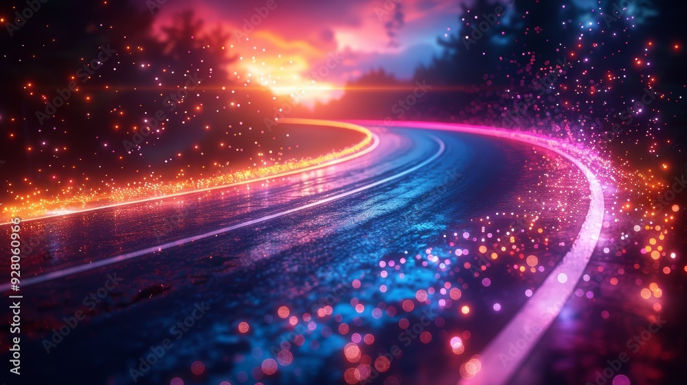 Neon-Lit Curved Road at Dusk with Sparkling Lights and Vibrant Colors in a Dreamlike Landscape Neon-Lit Curved Road at Dusk with Sparkling Lights and Vibrant Colors in a Dreamlike Landscape