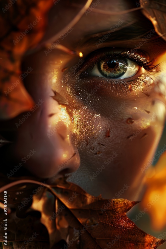 Close-Up of a Woman's Eye Surrounded by Autumn Leaves with Warm Sunlight Close-Up of a Woman's Eye Surrounded by Autumn Leaves with Warm Sunlight