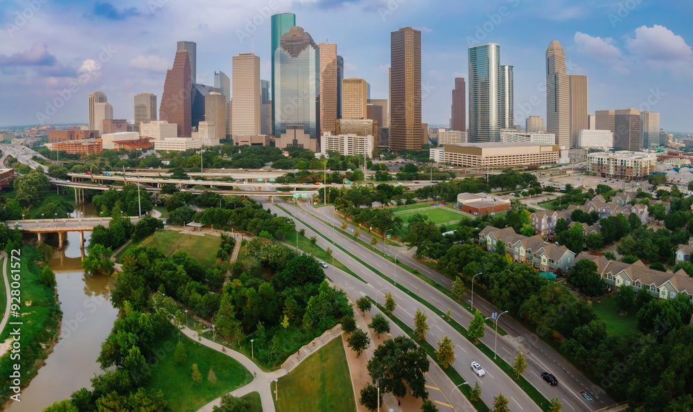 Eleanor Tinsley Park, Buffalo Bayou, the Interstate I45 freeway and skyscrapers in downtown Houston, Texas, United States of America. Eleanor Tinsley Park, Buffalo Bayou, the Interstate I45 freeway and skyscrapers in downtown Houston, Texas, United States of America.