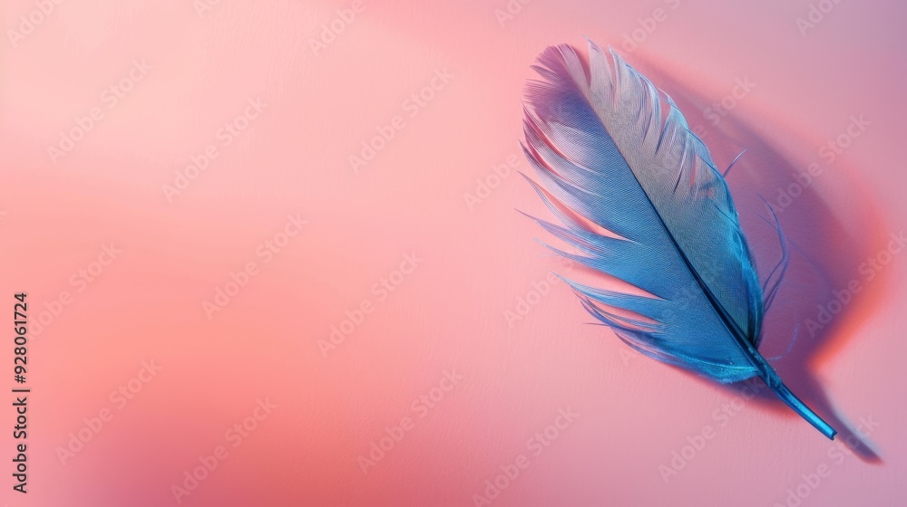 A single blue feather delicately positioned on a soft pink background, capturing its fine texture and the gradient colors of the feather. A single blue feather delicately positioned on a soft pink background, capturing its fine texture and the gradient colors of the feather.