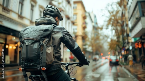 A man in a leather jacket and helmet rides a motorcycle down a city street.