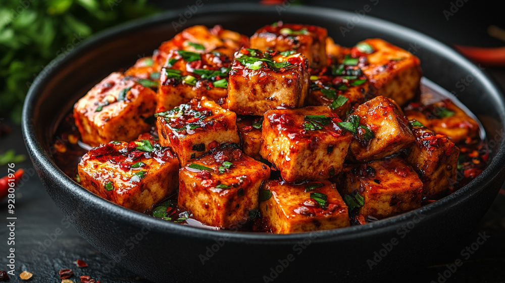 mapo tofu, showcasing the vibrant colors of the dish with a blank space on the side for text or design, inviting customization mapo tofu, showcasing the vibrant colors of the dish with a blank space on the side for text or design, inviting customization