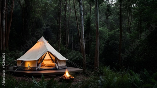 Cozy Glamping Tent in a Serene Forest Setting with Campfire