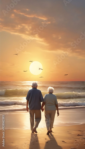 senior citizen couple walking on the beach sunset retirement travel