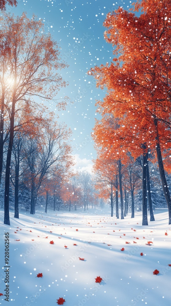 Snow-covered field with distant trees, flat design illustration