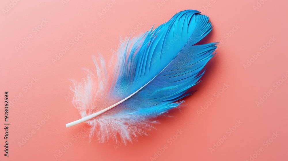A single blue feather delicately positioned on a soft pink background, capturing its fine texture and the gradient colors of the feather. A single blue feather delicately positioned on a soft pink background, capturing its fine texture and the gradient colors of the feather.