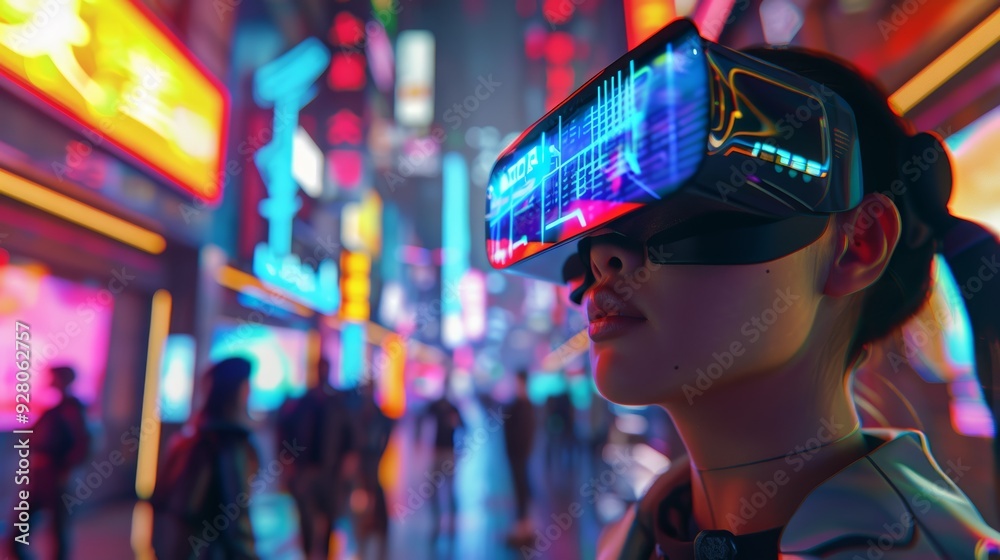 Futuristic Woman Wearing VR Headset in Neon-Lit Urban Street at Night Futuristic Woman Wearing VR Headset in Neon-Lit Urban Street at Night