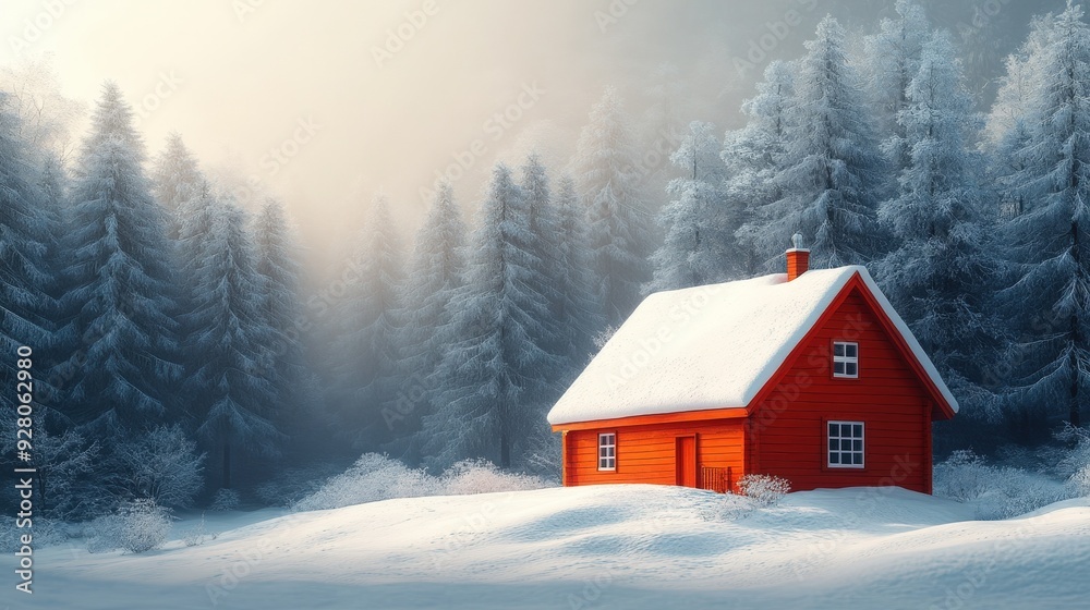 Snow-covered cabin in winter woods, flat design illustration Snow-covered cabin in winter woods, flat design illustration