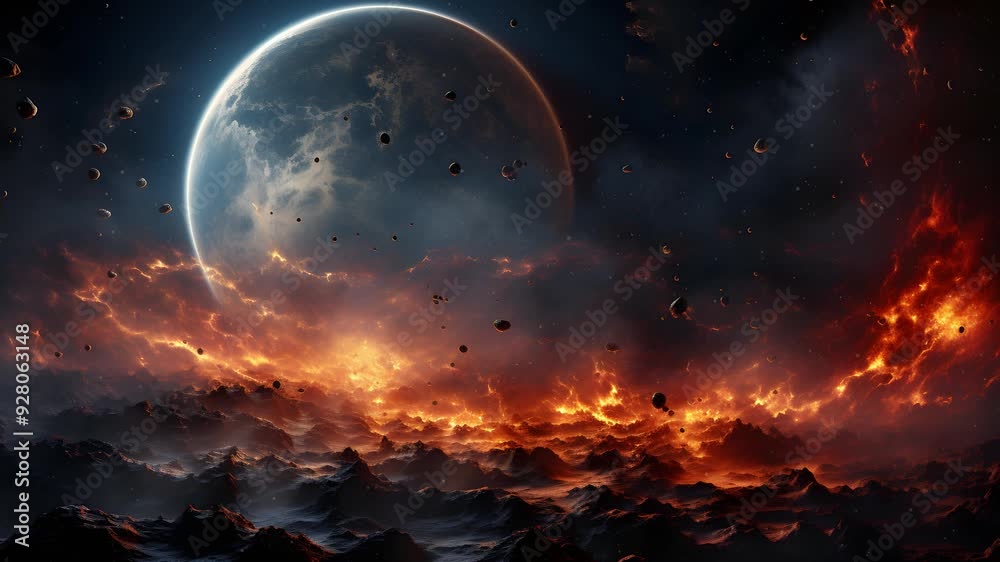 A dramatic scene of a fiery planet with a large moon in the background. Asteroids fall from the sky, creating a chaotic and awe-inspiring spectacle. A dramatic scene of a fiery planet with a large moon in the background. Asteroids fall from the sky, creating a chaotic and awe-inspiring spectacle.