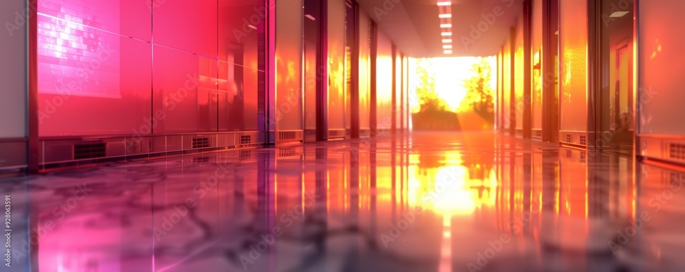 Modern Office Corridor with Vibrant Sunset Reflections on Glass Walls and Polished Floor Modern Office Corridor with Vibrant Sunset Reflections on Glass Walls and Polished Floor