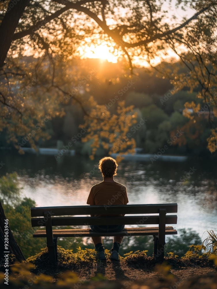 Young man sitting on bench enjoying sunset over lake Young man sitting on bench enjoying sunset over lake