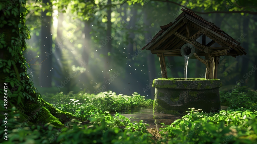 Serene Forest Well with Sunlight Streaming Through Trees in a Lush Green Woodland Setting Serene Forest Well with Sunlight Streaming Through Trees in a Lush Green Woodland Setting