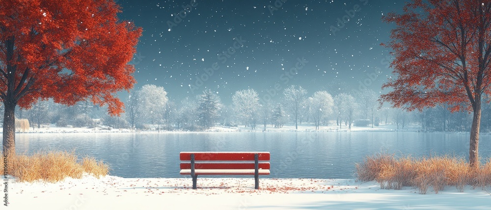 Obraz premium Snow-covered bench overlooking lake, flat design illustration