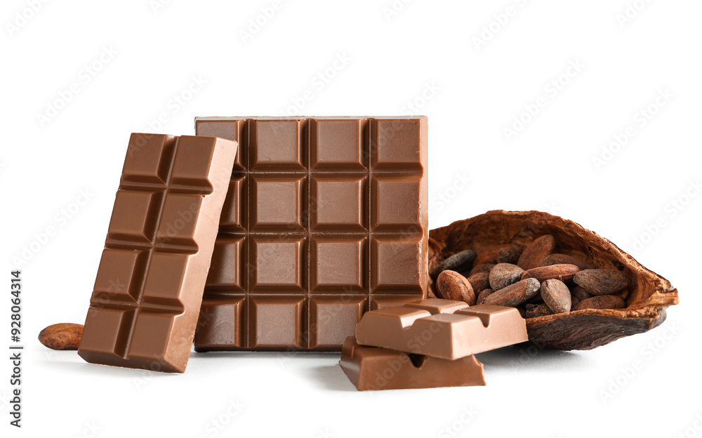 Tasty chocolate bars and cocoa beans on light background Tasty chocolate bars and cocoa beans on light background