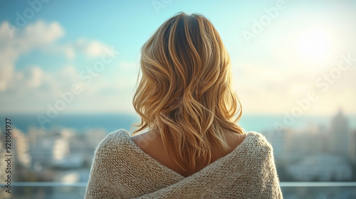 woman wrapped in a blanket gazes thoughtfully into the distance, surrounded by the serene beauty of nature, evoking a sense of contemplation, warmth, and connection with the environment