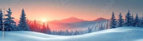 Serene winter landscape, snow-covered hills, flat design illustration