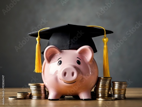 Piggy bank with coins and black graduation cap as a symbol of education loan