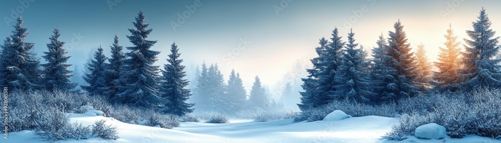 Peaceful winter scene, snow-laden trees, flat design illustration Peaceful winter scene, snow-laden trees, flat design illustration