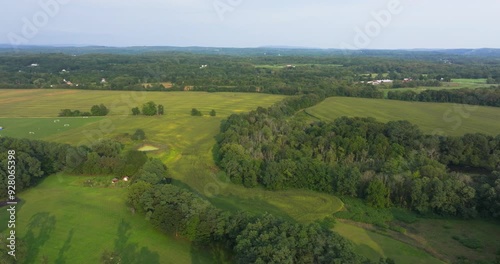 August 14 2024, Sunny afternoon summer aerial video of the area surrounding Red Hook, NY, USA	