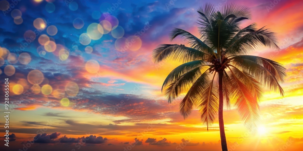 Tropical palm tree with colorful bokeh sun light on sunset sky cloud abstract background, Tropical, palm tree, colorful, bokeh Tropical palm tree with colorful bokeh sun light on sunset sky cloud abstract background, Tropical, palm tree, colorful, bokeh