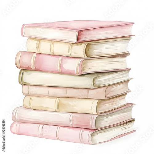 Soft pink and beige books stacked on a white background, watercolor art.

