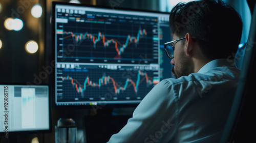 A nighttime scene showing the back view of a person sitting in front of multiple computer screens displaying stock market data, with graphs, charts, and numbers visible on the screens.