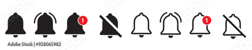 Notification bell icon set for incoming inbox message. Vector ringing bell and notification number sign for alarm clock and smartphone application alert