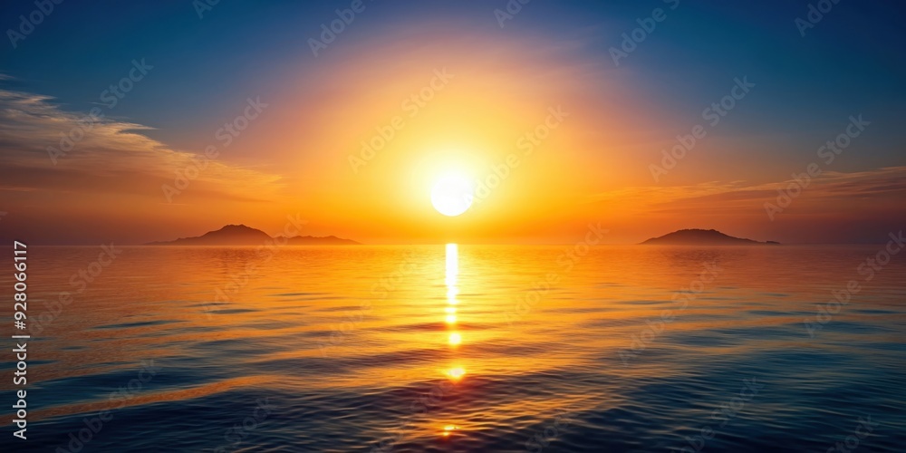 Fototapeta premium Glowing sun above calm ocean with distant islands in vertical landscape, serene, tranquil, peaceful, water, reflection, nature