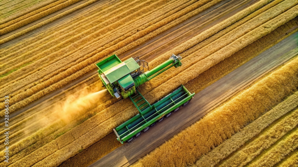 Top view of a John Deere harvester working in a wheat field during harvesting , Combine, wheat, field, cereals, agriculture Top view of a John Deere harvester working in a wheat field during harvesting , Combine, wheat, field, cereals, agriculture