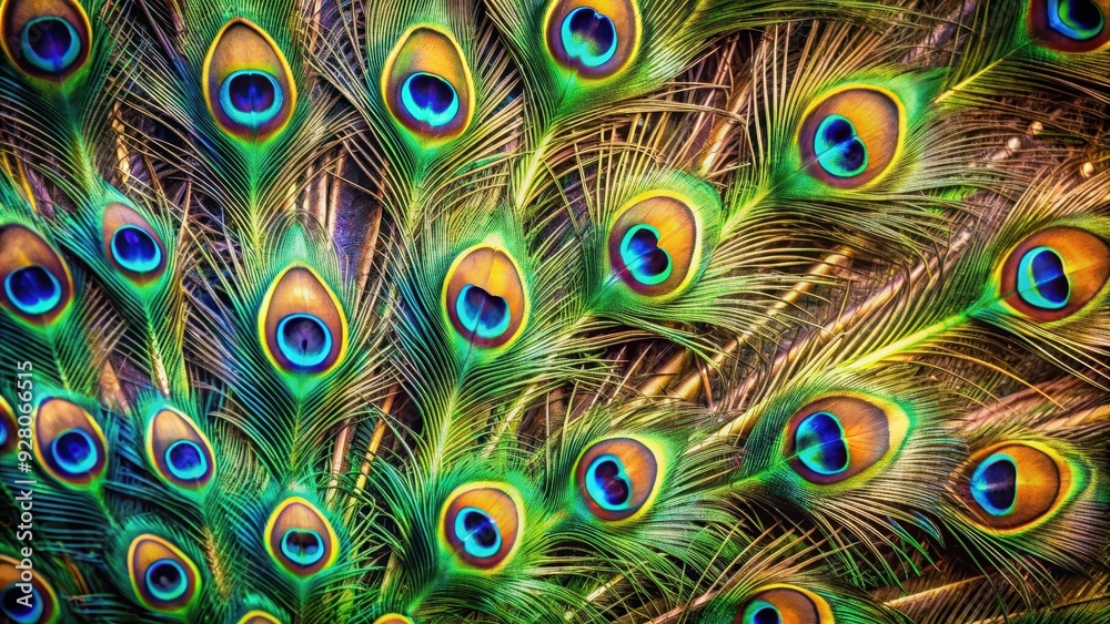 Obraz premium Close up detailed image of a vibrant peacock feathers, peacock, bird, close up, feathers, colorful, wildlife, nature, beautiful