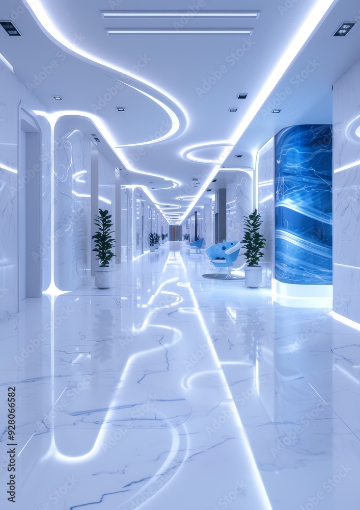 Fototapeta premium Futuristic White Marble Hallway with Blue Accents and Modern Lighting Design
