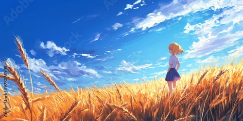 Autumn's Enchanted Hills: Anime-Style Wheat Fields in a Harvest Celebration, Ideal for Seasonal Art and Storybook Illustrations,anime-style,illustration,Picture BooksFor Poster,Novel,UI,WEB,Game,Desig photo