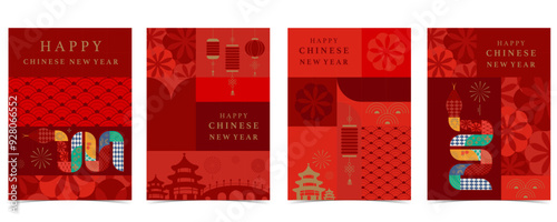 Happy Chinese New Year geometric background with firework,lantern.Editable vector illustration for vertical A4 design