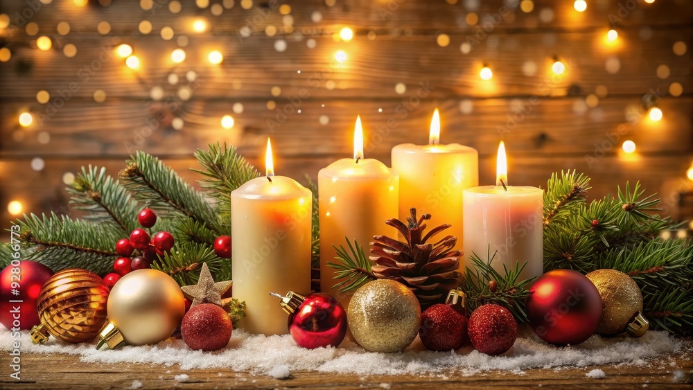 Christmas decoration featuring candles and festive ornaments, Christmas, decoration, candles, holiday, ornaments, festive