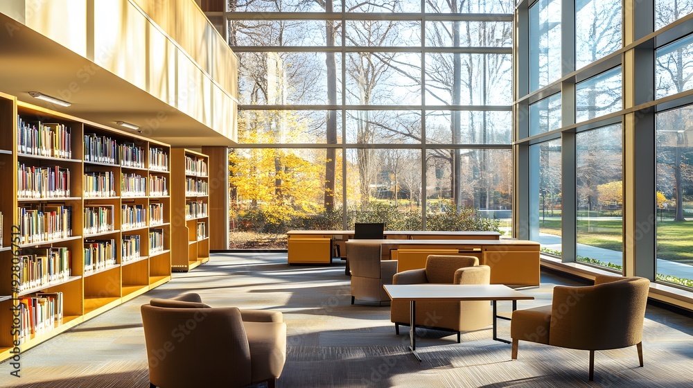 Modern Library Interior with Large Windows and Comfortable Seating Modern Library Interior with Large Windows and Comfortable Seating