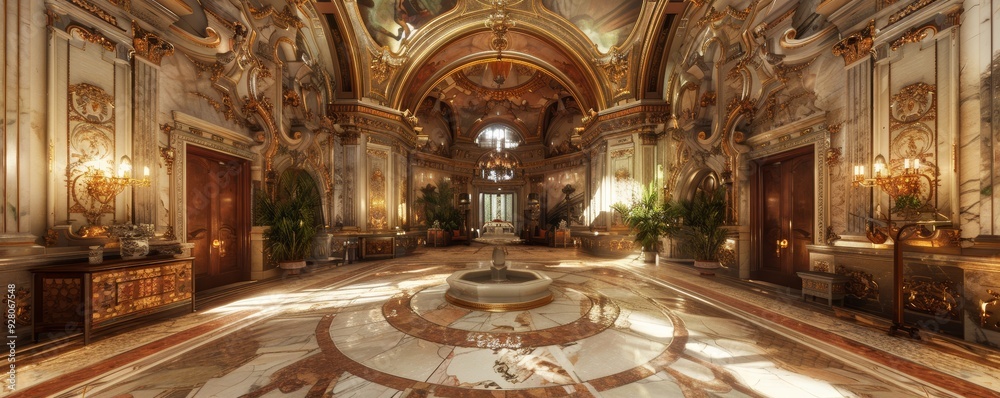 Obraz premium Luxurious Grand Hall with Ornate Decor and Marble Flooring in a Majestic Palace Interior