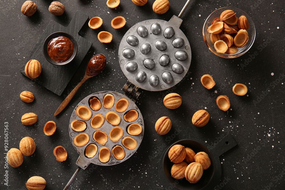 Composition with tasty walnut shaped cookies, boiled condensed milk and baking form on dark background Composition with tasty walnut shaped cookies, boiled condensed milk and baking form on dark background